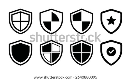 Sheld silhouette vector shape, Security sheld icon vector eps, Sheld silhouette icon vector, Shield icon. Heraldic shield set. Black knight award contours and linear signs. Protect shapes silhouette. 