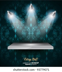 Shelf with 3 LED spotlights with old dirty look on a vintage seamless wallpaper. Shadows are transparent.