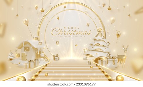 Shelf with 3D Christmas elements Cute style with golden circle frame with glowing light effect decoration and ribbon. Vector illustration background for promotional design.