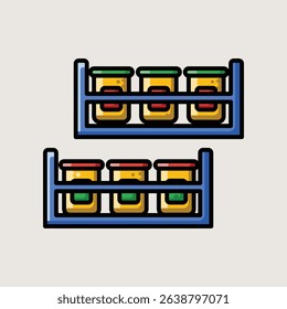  Shelf with Assorted Kitchen Spices and Seasoning Jars in Modern Flat Icon Design