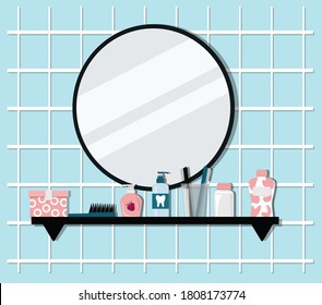 Shelf in the bathroom with a mirror, toothbrushes, comb, cream, liquid soap, toothpaste. Flat vector illustration.