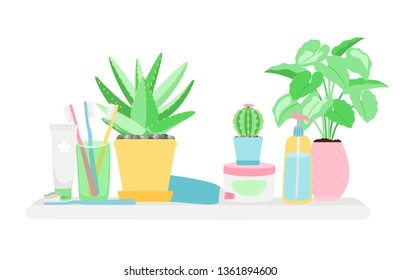 Shelf in the bathroom with plants and gygiene objects vector isolated on white background. Illustration of shelf bathroom, hygiene and sanitary