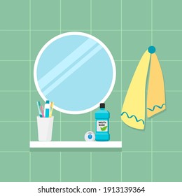 Estante en el cuarto de baño con cepillo de dientes, pasta dental, hilo dental y enjuague bucal. Ilustración vectorial plana.