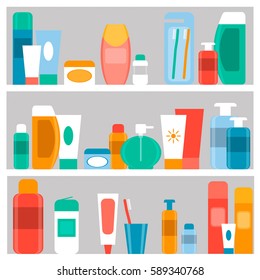 shelf in the bathroom, vector illustration. cosmetics, care products. flat style.
