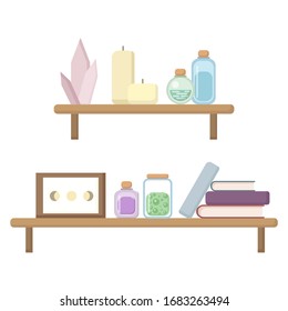 Schelf mit Boho-Artikeln. Bücher, Kristalle, Kerzen, Gläser auf den Regalen moderne, witzige Bilder. Moderner Hexenarbeitsplatz in Pastellfarben flache Illustration. Fantasy behagliches Cartoon-Interieur. Vektorillustration