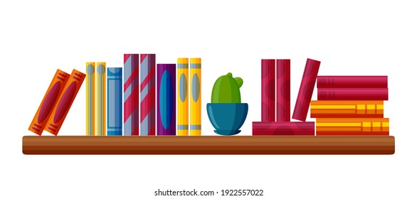 Shelf with book piles. Collection of books and a potted cactus in cartoon style. Vector illustration isolated on white background