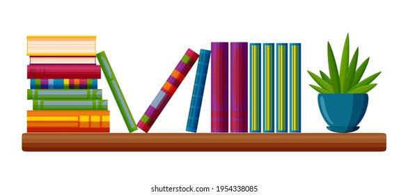 Shelf with book piles. Collection of classroom books and a potted succulent in cartoon style. Vector illustration isolated on white background