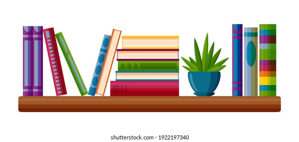 Shelf with book piles. Information point with books and plant in cartoon style. Vector illustration isolated on white background