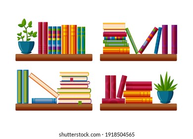 Shelf with book piles and plants. Collection of classroom books and a potted plants in cartoon style. Vector illustration isolated on white background