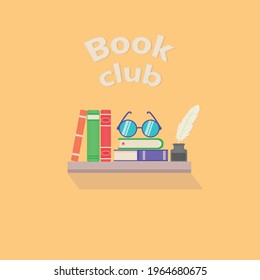 Shelf book with stack of books and glasse, feather. Vector  logo template for book club or bookshop advertising, promo , prints, flyer, cover, and posters. 