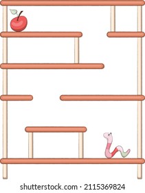 Una estantería o un estante, un estante, en el que un lindo gusano de dibujos animados quiere llegar a la manzana desde abajo hacia arriba. Un laberinto gracioso. Ilustración vectorial. Imagen infantil para el desarrollo de la imaginación y la fantasía