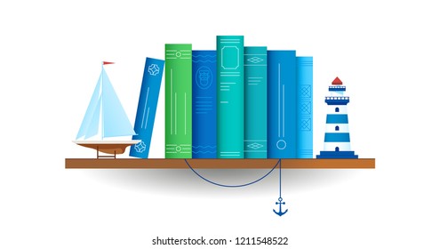 A shelf with books about the sea and sea adventures. Bookcase concept for a boy or for a book review.