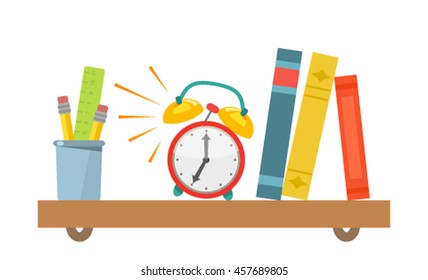 Shelf with books and an alarm clock. Flat vector illustration in cartoon style isolation on a white background