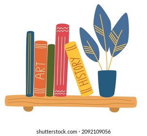 Shelf with books. Bookcase shelves with potted plant. Education, literature, home interior. Bestseller books stack in cartoon style. Hand draw vector illustration. 