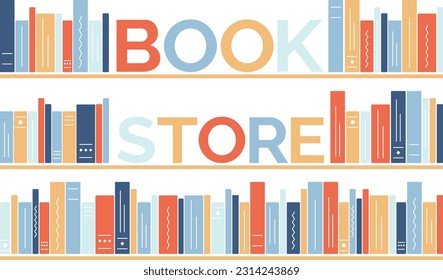Shelf of books in a bookstore. Text Book Store. Literature and textbooks in the rack. Reading and knowledge. Bookinist. Bookcases. Vector illustration