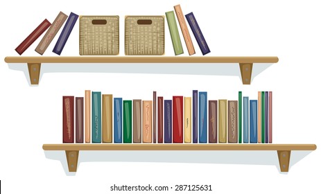 Shelf with books and boxes on them, vector illustration