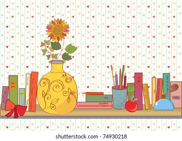 Shelf with books and funny house object