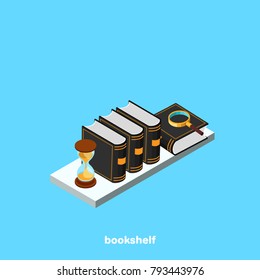 shelf with books and an hourglass on a blue background, isometric image