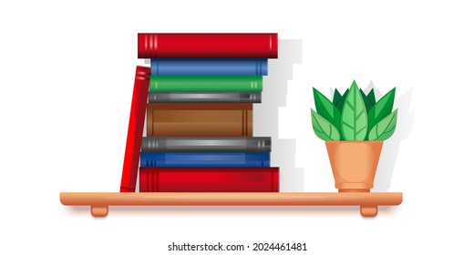 Shelf with books and a houseplant in a pot. Interior item wooden bookshelf. Vector illustration isolated on white