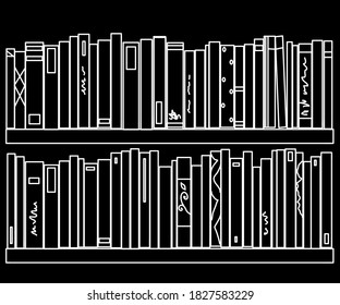 Estante con libros de fondo negro. Silhouette. Ilustración vectorial.