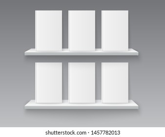 Shelf for books on a gray background. White books on bookshelf. Bookshelf library. Education. School. Vector illustration EPS10