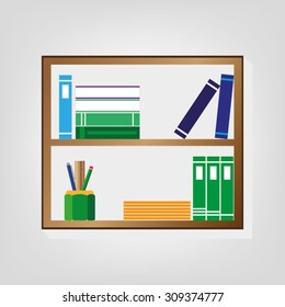 shelf, books ,pencil ,pen,ruler