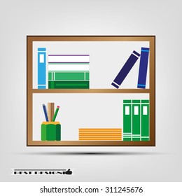 shelf, books ,pencil ,pen,ruler