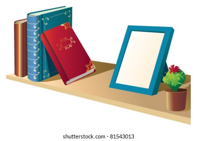 A shelf with books and photo frames