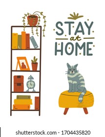 Shelf with books, photos and plants. The cat is sitting on the ottoman. Stay at home concept. Hand drawn illustration with texture and lettering quote.