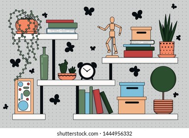 
Shelf with books, plants and boxes
