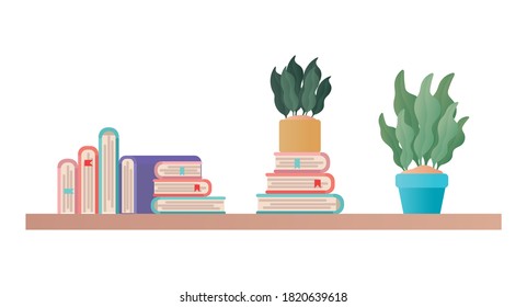 Shelf with books and plants design, Home room decoration interior modern house decor living and apartment theme Vector illustration