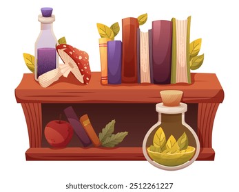 Estante con libros, pociones y hierbas. Artículos de mago, bruja. Composición de Vector sobre fondo blanco