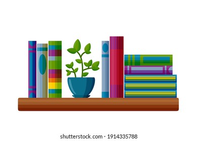 Shelf with books and potted plant. Books in cartoon style. Vector illustration isolated on white background