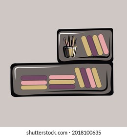 Shelf for books and stationery, Chest of drawers, wardrobe, shelf, curbstone. Storage organization, minimalism. Room interior, furniture. All objects are isolated and can be moved.