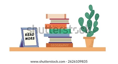 Shelf with books and succulent. Read more, library, education, knowledge concept flat illustration.