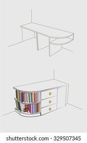 shelf with books and a Teddy bear