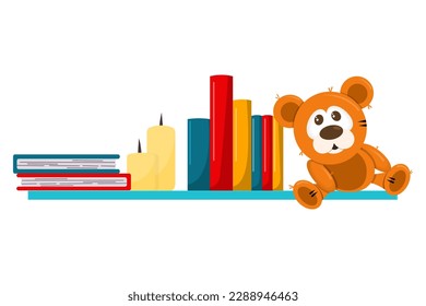 Shelf with books and teddy bear. Cartoon illustrion.