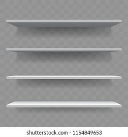 Shelf or bookshelf of white wood on wall transparent background with shadow. Isolated 3D realistic empty shelves
