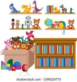 Shelf and box full of toys on white background illustration