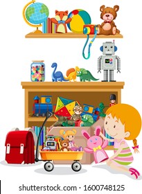 Shelf and box full of toys on white background illustration