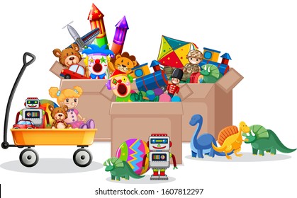 Shelf and box full of toys on white background illustration