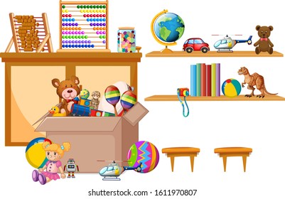 Shelf and box full of toys on white background illustration