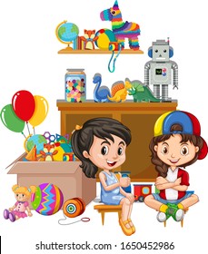 Shelf and box full of toys on white background illustration