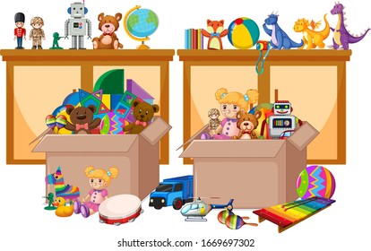 Shelf and box full of toys on white background illustration