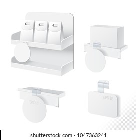 Shelf With Boxes And Blank Wobbler. Wobbler With Transparent Strip Collection Isolated On White Background. Vector Illustration