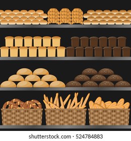Shelf with bread in the supermarket on a black background