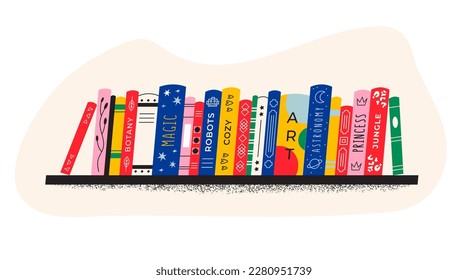 A shelf with bright books, textbooks and magazines. Illustration for library, bookstore, reading