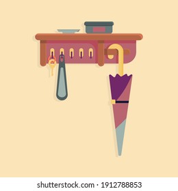 Shelf by the front door for keys, umbrella, shoe spoons and clothes. Flat cartoon style vector illustration.