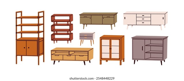 Prateleira, armário, lateral, peito de gavetas e cômoda. Mobiliário de armazenamento de madeira definido em estilo moderno retro moderno para design minimalista casa. Ilustração de vetor plano isolada no plano de fundo branco