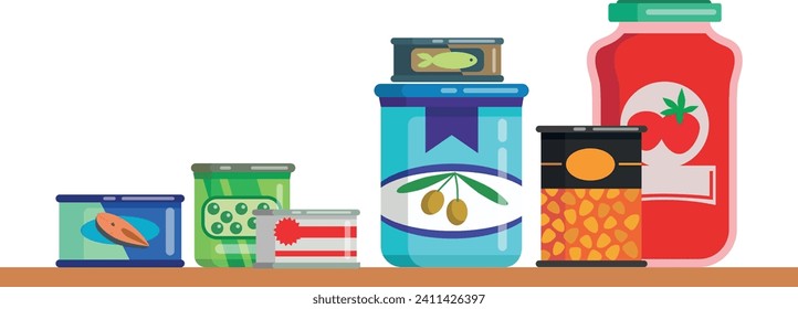 A shelf with canned food and cans standing on it. Vegetables and meat: fish, peas, tomatoes, olives, corn, stew